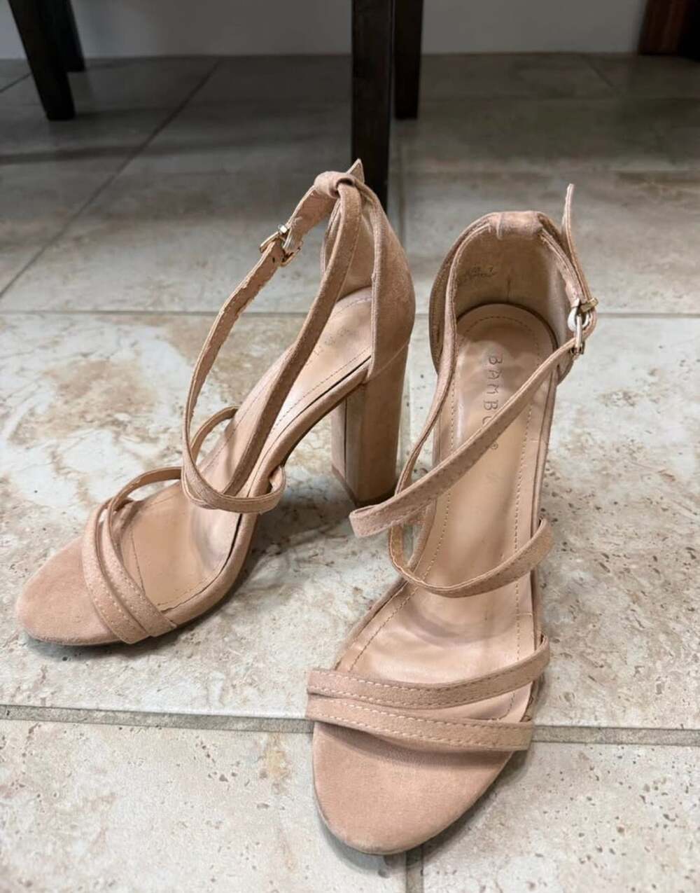 Bamboo Faux Suede Ankle Strap Chunky Block Heel Sandals Nude